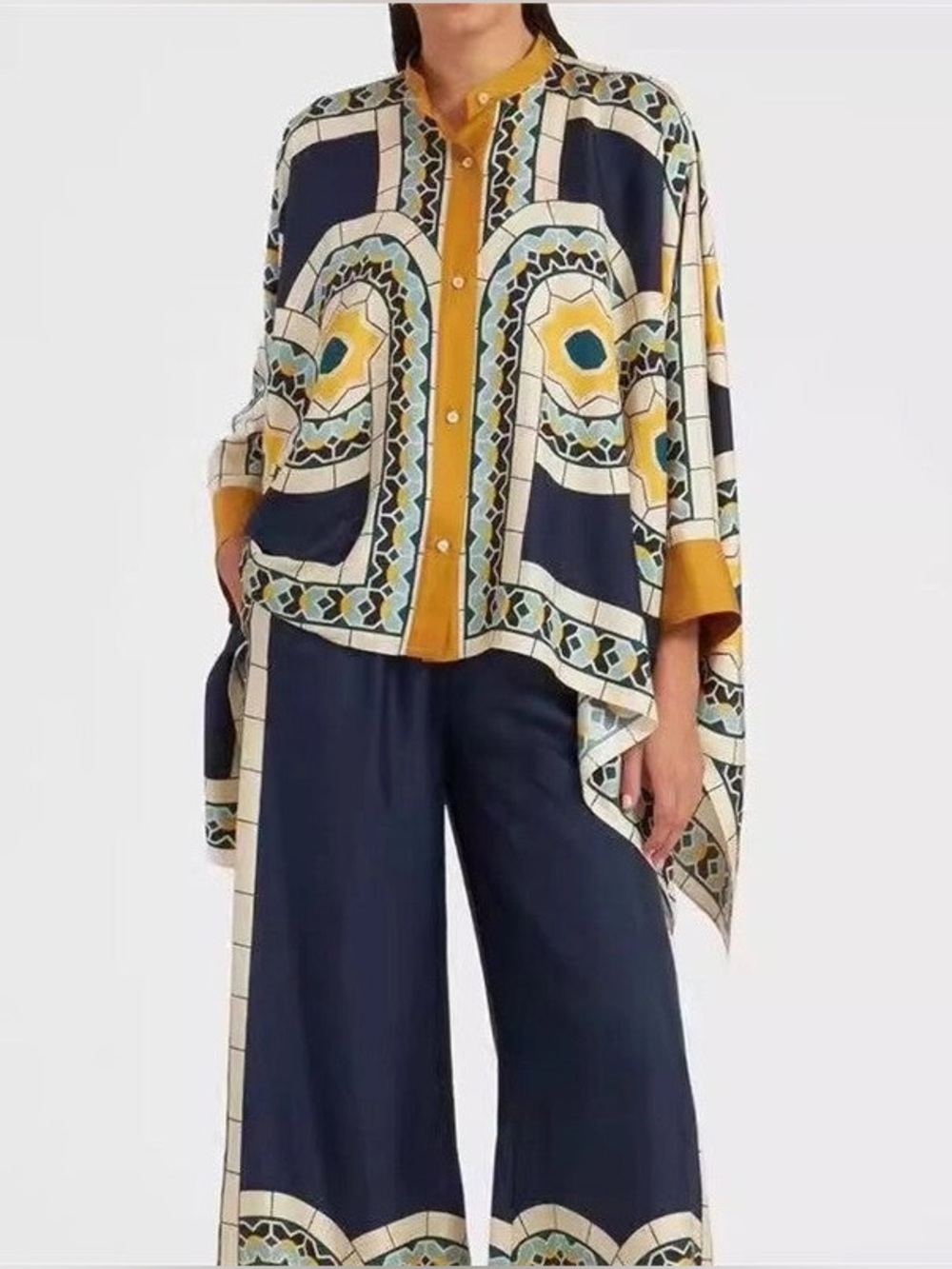 Boho Luxe Geo Print Two-Piece Set – Kimono Top & Wide-Leg Pants (2XL)